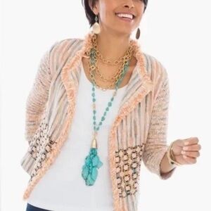 Chicos Sz 1 Medium fringe jacket peach textured Bonnie Fringe cardigan fall